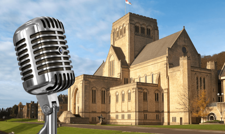 Abbey Church with microphone in front of it