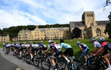 Cyclists outside Ampleforth Abbey