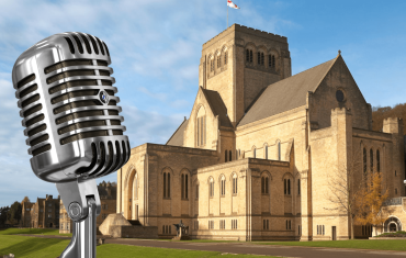 Abbey Church with microphone in front of it